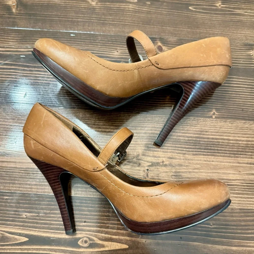Vintage‎ Nine West Round Toe Platform Brown Leather Mary Jane Heels Size 7.5 - Picture 2 of 9